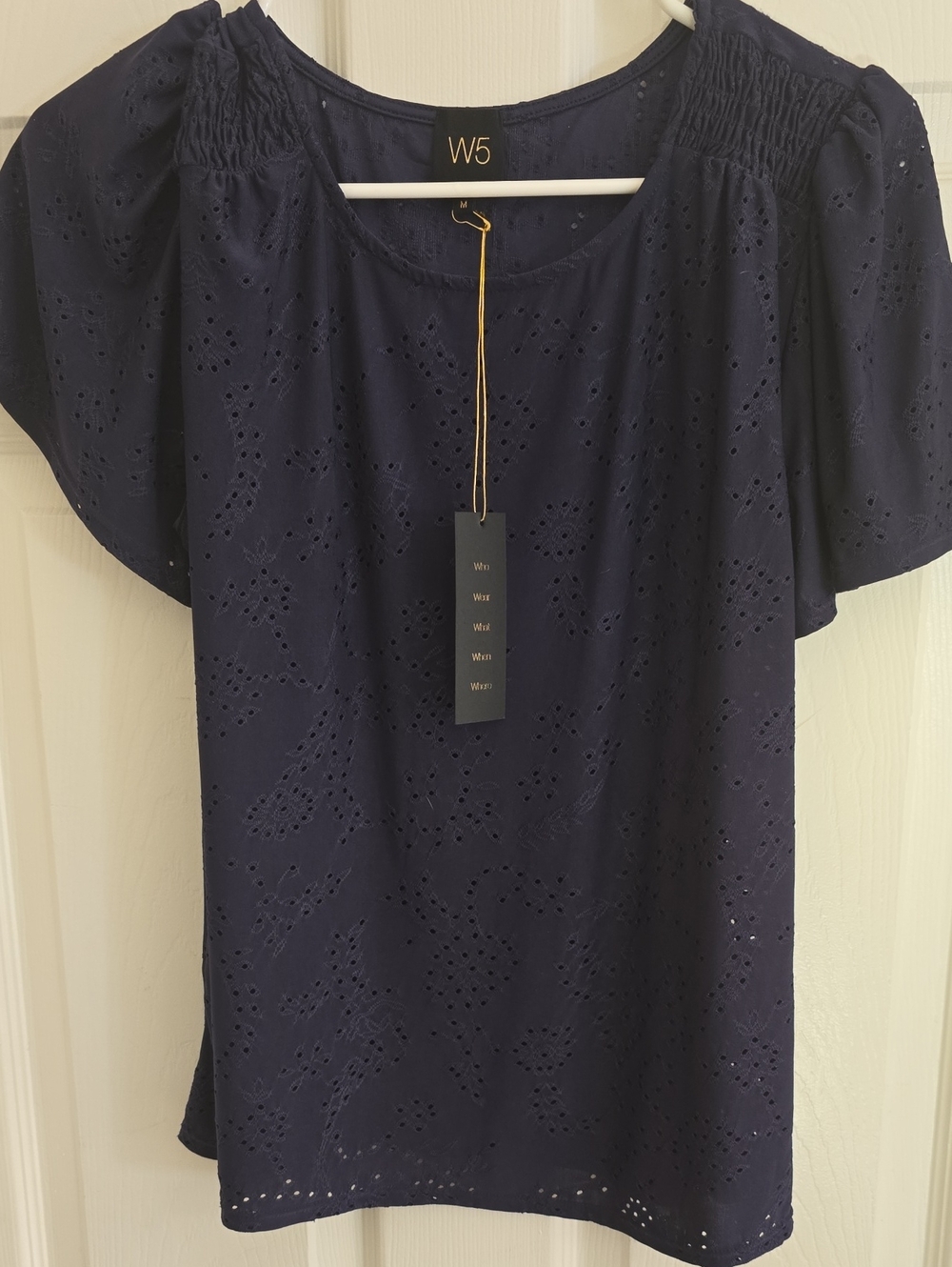 W5 Navy Eyelet Short-Sleeve Blouse with Smocked Shoulders